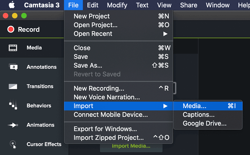 Fare clic su File e Importa, quindi su Media in Camtasia