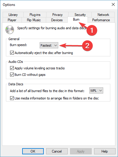 Modificare la velocità di Windows Media Player quando non è possibile masterizzare alcuni file