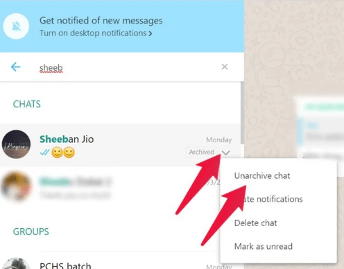 Archiviazione e disarchiviazione di un thread su WhatsApp Web e desktop