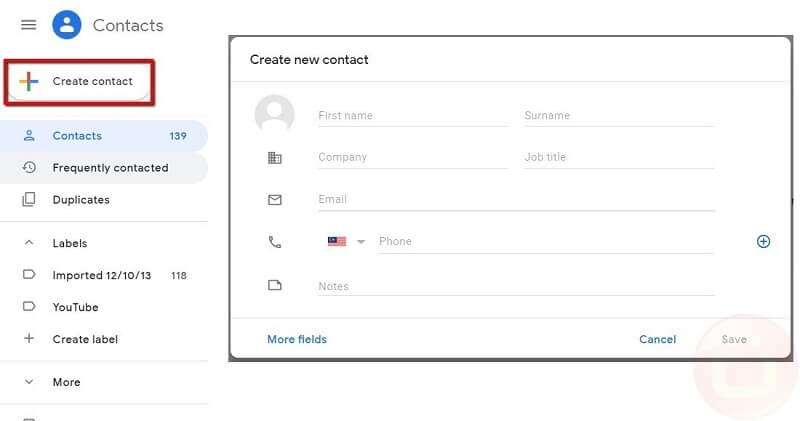 Crea contatti Gmail