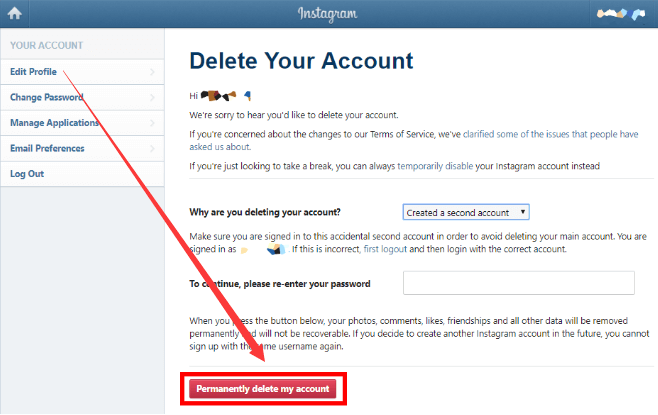 Eliminazione dell'account Instagram utilizzando il motore del browser Web