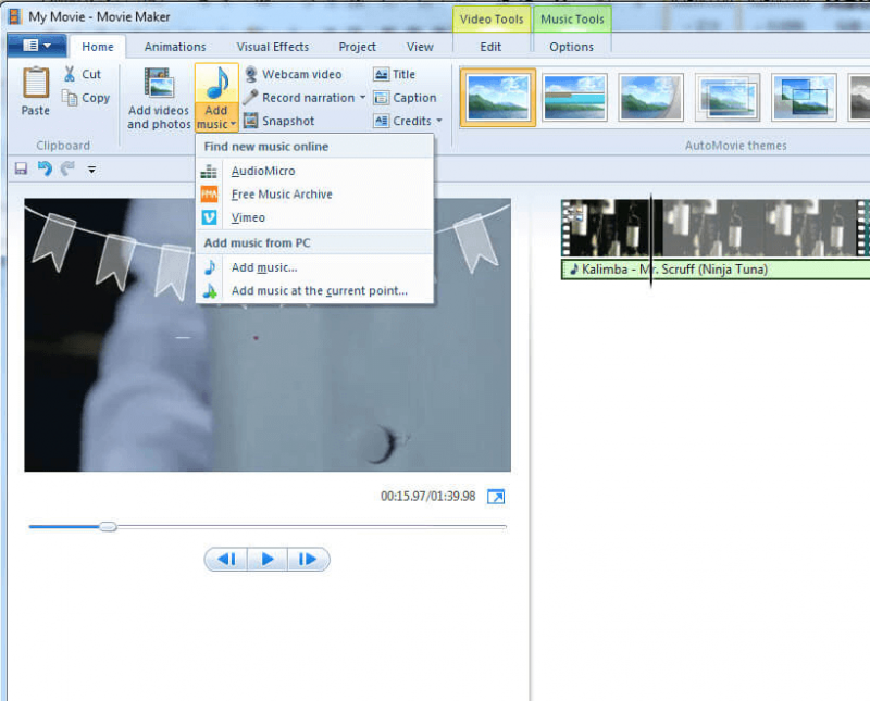 Aggiungi musica all'app video con Windows Movie Maker