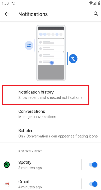 Attiva la cronologia delle notifiche su Android 11