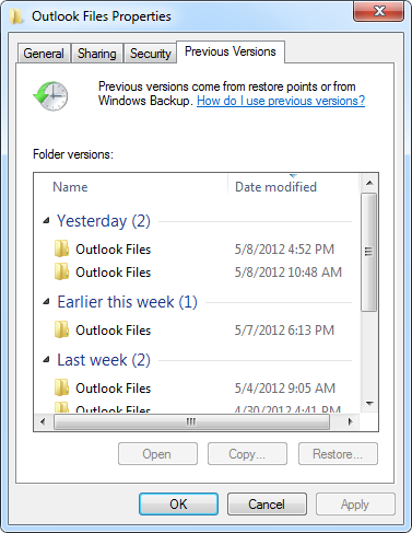 Ripristina la versione precedente per recuperare file PST cancellati in Outlook