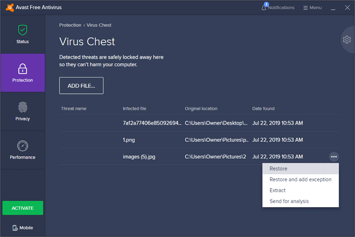 Ripristina il tuo file per recuperare i file eliminati da Avast Antivirus