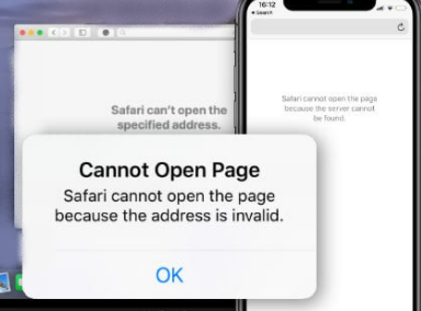 Screenshot dell'errore Safari non può aprire la pagina perché l'indirizzo non è valido