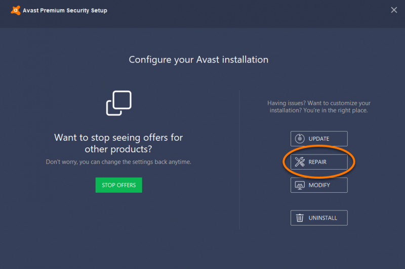 Riparare Avast Impossibile ripristinare l'errore di file riparando Avast Antivirus