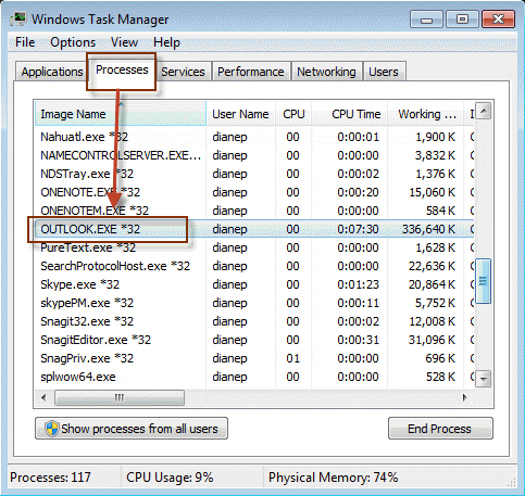 Chiudi qualsiasi processo Outlook-Exe utilizzando Task Manager