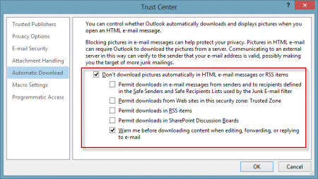 Impedisci a MS Outlook di scaricare contenuti esterni