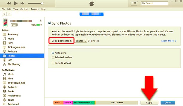 Trasferisci foto da iPhone a disco rigido utilizzando iTunes