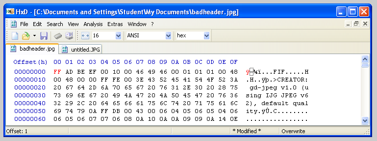 HxD Hex Editor degli strumenti di riparazione JPEG