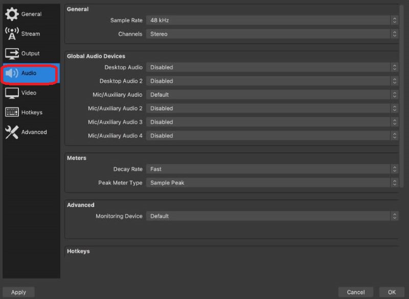 Impostazioni audio OBS