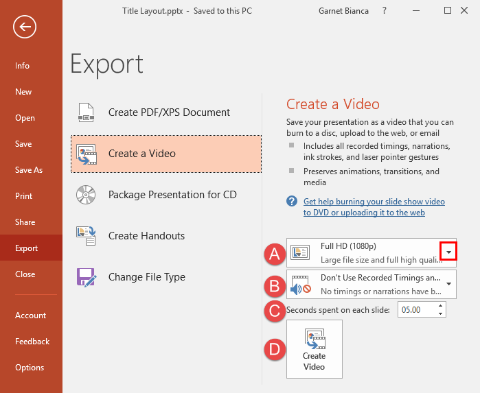 Esporta la registrazione PPT come video su Windows
