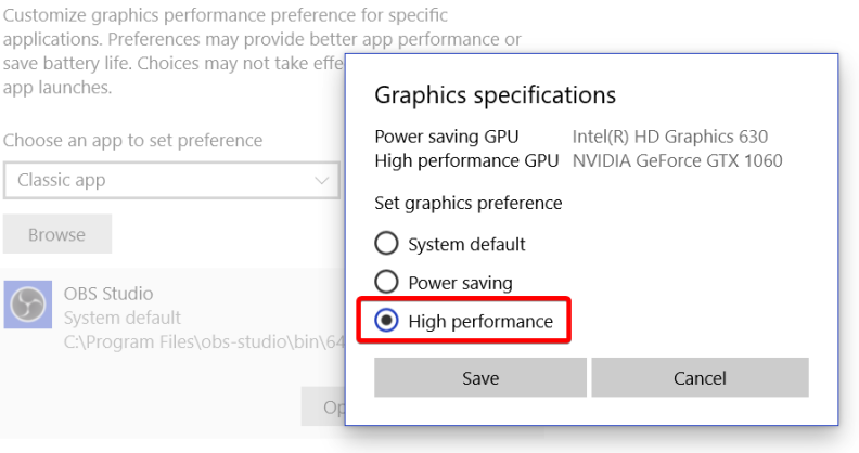 Risolvi "Schermata nera di cattura del gioco OBS" - Modifica la selezione della GPU
