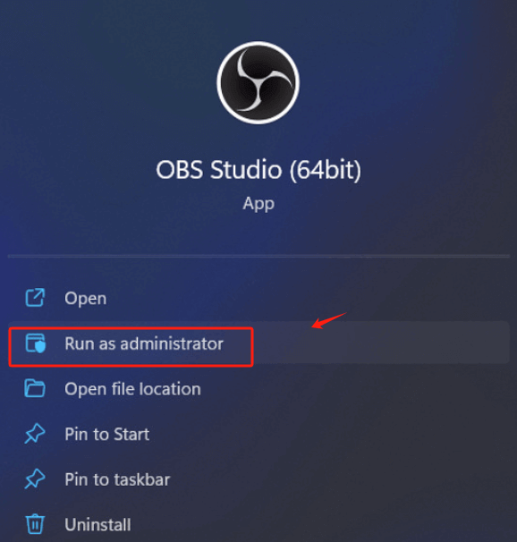 Avvia OBS con privilegi di amministratore per risolvere i problemi audio
