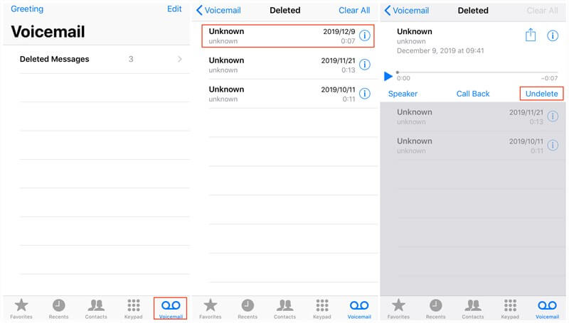 Recupera i messaggi vocali eliminati su iPhone utilizzando la sezione "Messaggi eliminati".