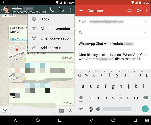 Trasferimento di messaggi WhatsApp tra Android e iPhone utilizzando l'e-mail