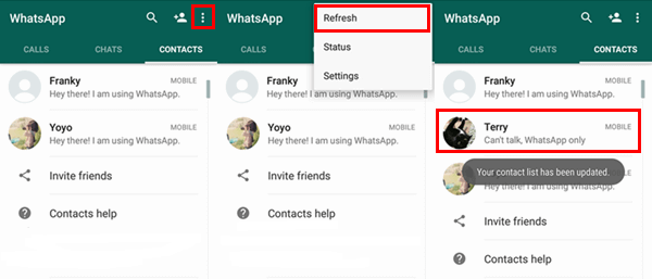 Aggiungi contatti Whatsapp Aggiorna contatti