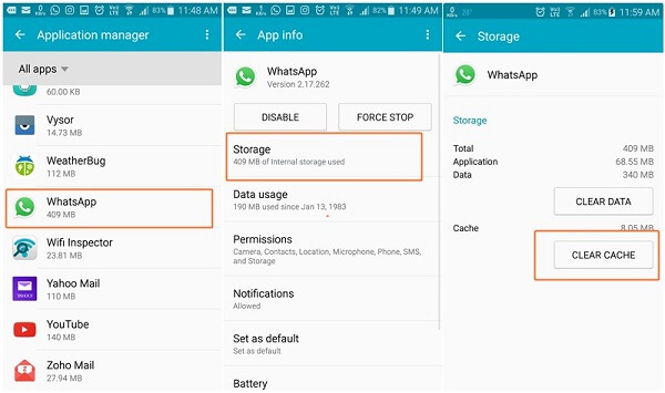 Metodi per risolvere il problema "I video di WhatsApp non vengono visualizzati nella Galleria" - Cancella la cache di WhatsApp